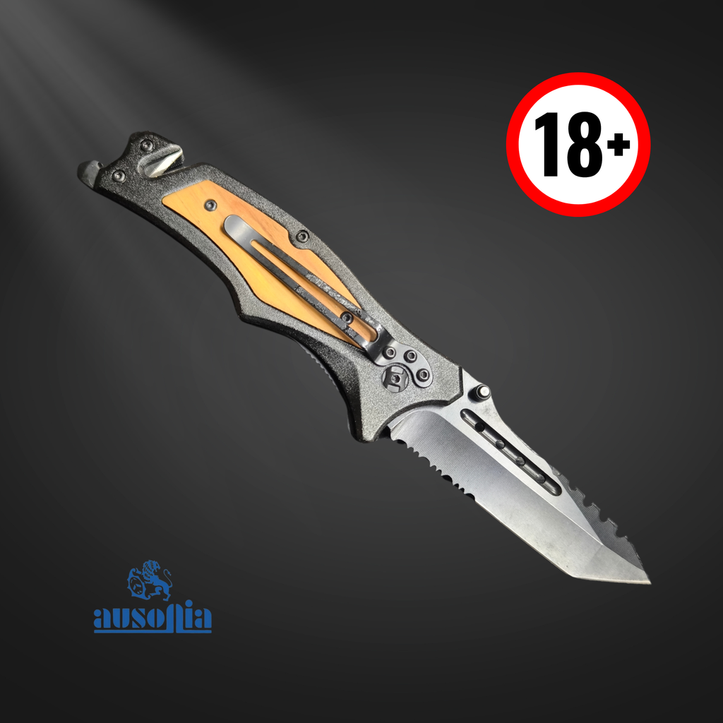Coltello da Tasca di Sicurezza  – Total Black con Inserto in Olivo (25,5 cm) - Ausonia