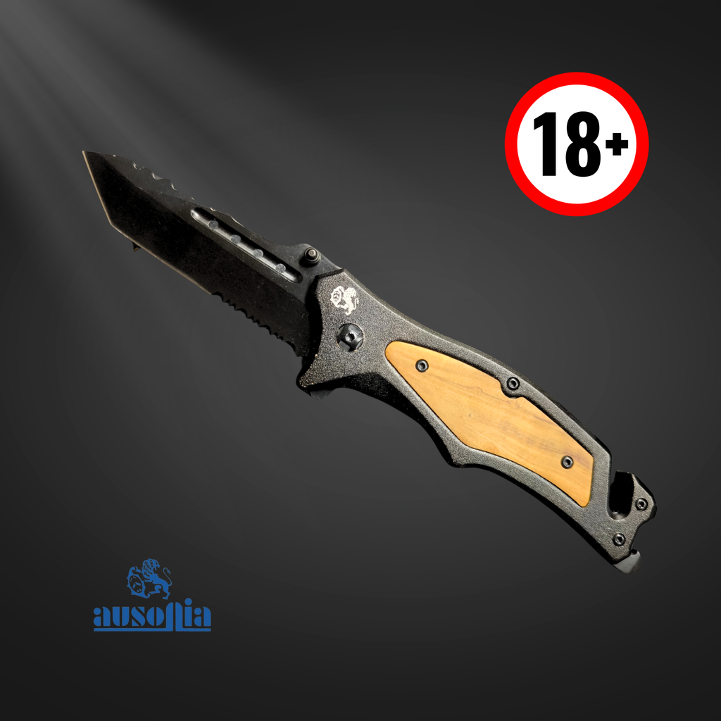 Coltello da Tasca di Sicurezza  – Total Black con Inserto in Olivo (25,5 cm) - Ausonia